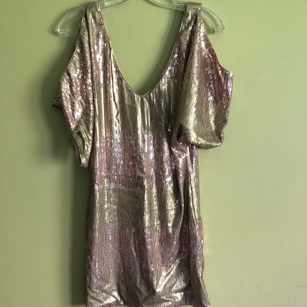 Pink and beige sequence shoulder/arm cut out dress